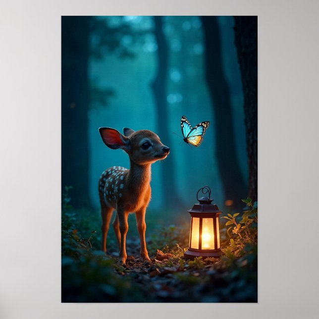 Fawn and Butterfly in Enchanted Forest Poster (Framsidan)