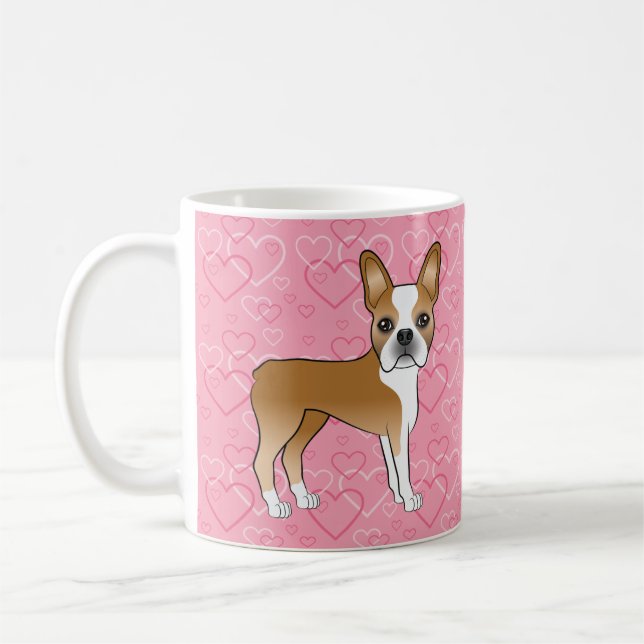 Fawn and White Boston Terrier Hund on Rosa Hearear Kaffemugg (Vänster)