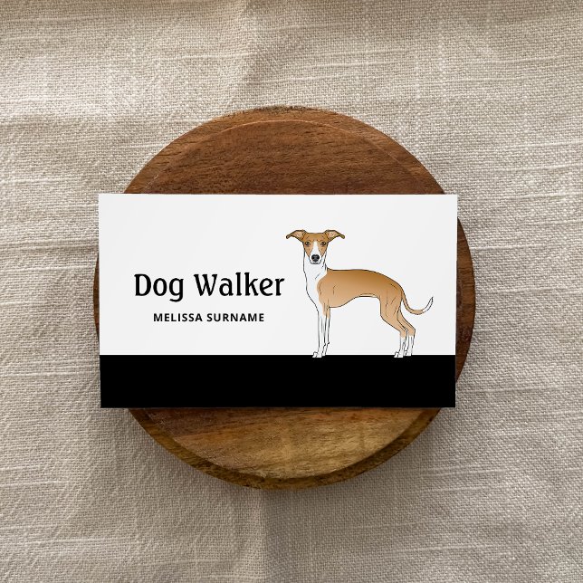 Fawn and White Italy Greyhound - Dog Walker Visitkort (Promote your dog walking services with this stylish Italian Greyhound design business card.)
