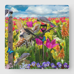 Fawn Birds Fält of Flowers Fyrkantig Klocka