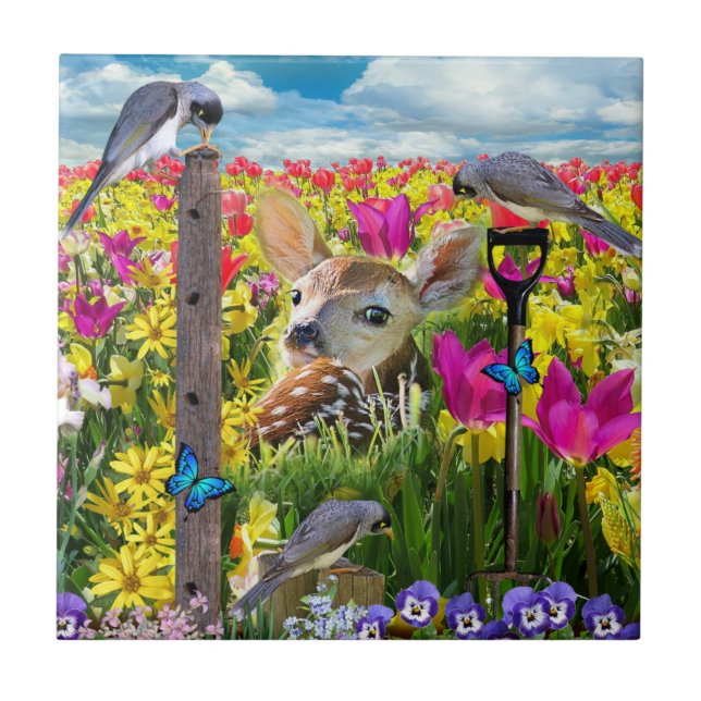 Fawn Birds Fält of Flowers Kakelplatta (Framsidan)