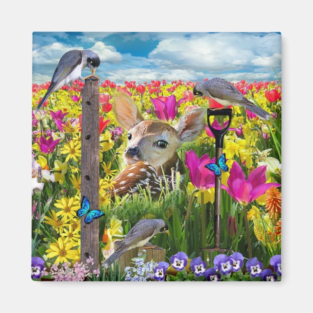Fawn Birds Fält of Flowers Magnet (Framsidan)