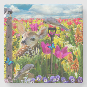 Fawn Birds Fält of Flowers Stenunderlägg