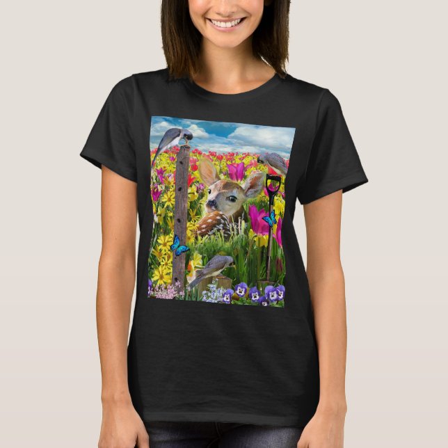 Fawn Birds Fält of Flowers T Shirt (Framsida)