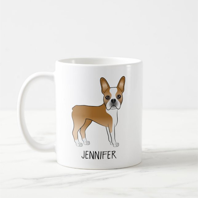 Fawn Boston Terrier Cute Tecknad hund & Custom Nam Kaffemugg (Vänster)
