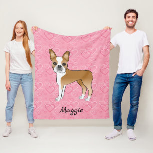 Fawn Boston Terrier Hund På Rosa Hjärtan Och Namn Fleecefilt