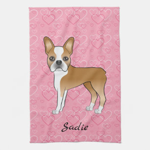 Fawn Boston Terrier Hund På Rosa Hjärtan Och Namn Kökshandduk