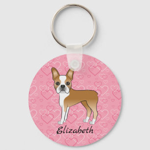 Fawn Boston Terrier Hund På Rosa Hjärtan Och Namn Nyckelring