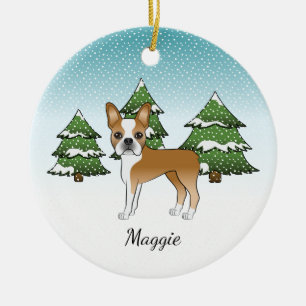 Fawn Boston Terrier I En Vinter Skog & Namn Julgransprydnad Keramik