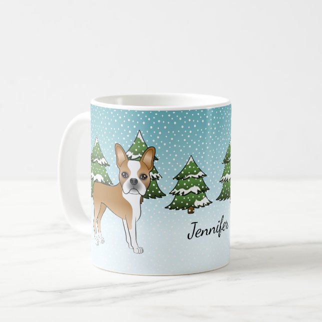 Fawn Boston Terrier I En Vinter Skog & Namn Kaffemugg (Framsida vänster)
