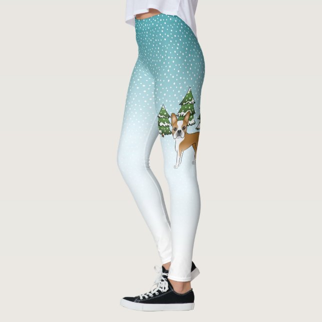 Fawn Boston Terrier i en vinterskog Leggings (Vänster)