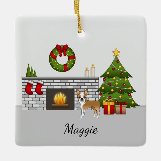 Fawn Boston Terrier i ett julrum Julgransprydnad Keramik (Framsida)