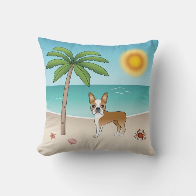Fawn Boston Terrier på en tropisk sommarstrand Kudde (Framsida)