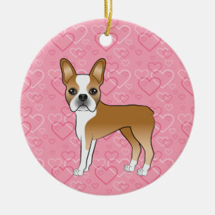 Fawn Boston Terrier på rosa hjärtan Husdjur Minnes Julgransprydnad Keramik
