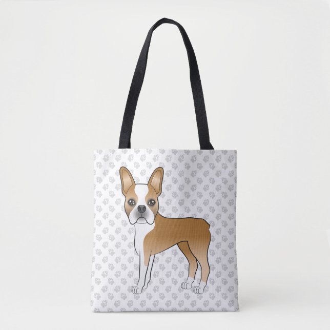 Fawn Boston Terrier Söt Tecknad Hund & Grå Tassar Tygkasse (Framsida)