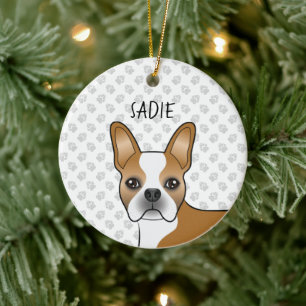 Fawn Boston Terrier Tecknad Hund & Anpassat Namn Julgransprydnad Keramik