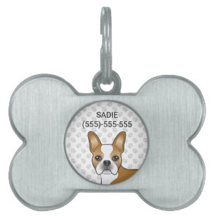 Fawn Boston Terrier Tecknad Hundhuvud & Tassar ID-bricka Husdjur