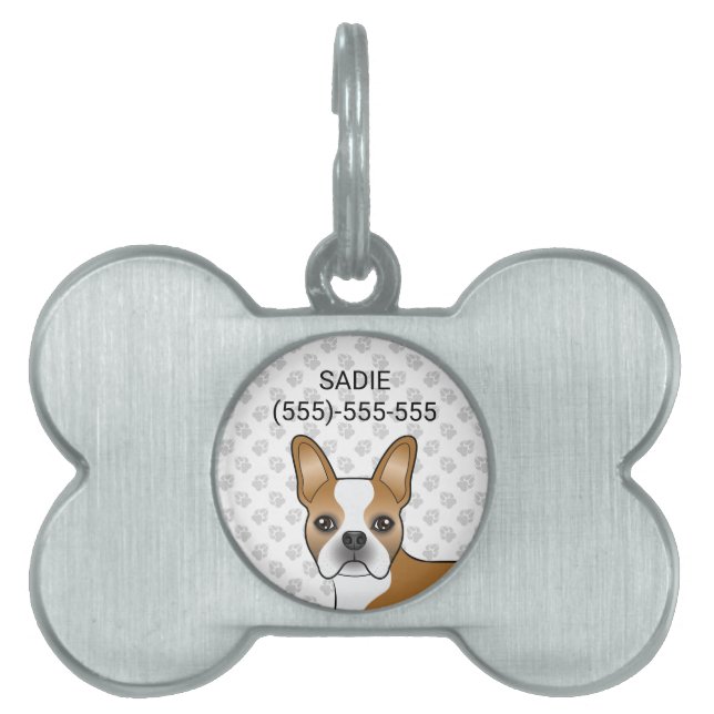 Fawn Boston Terrier Tecknad Hundhuvud & Tassar ID-bricka Husdjur (Framsidan)