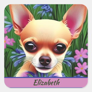Fawn Chihuahua Puppy in Flower Meadow Personlig Fyrkantigt Klistermärke