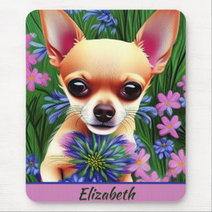 Fawn Chihuahua Puppy in Flower Meadow Personlig Musmatta
