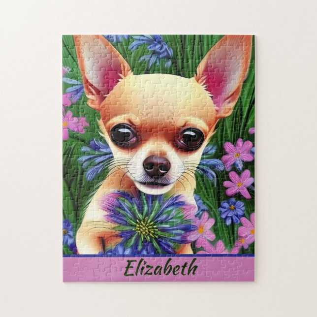 Fawn Chihuahua Puppy in Flower Meadow Personlig Pussel (Vertikal)