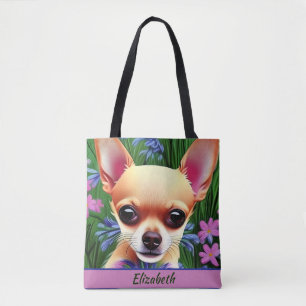 Fawn Chihuahua Puppy in Flower Meadow Personlig Tygkasse