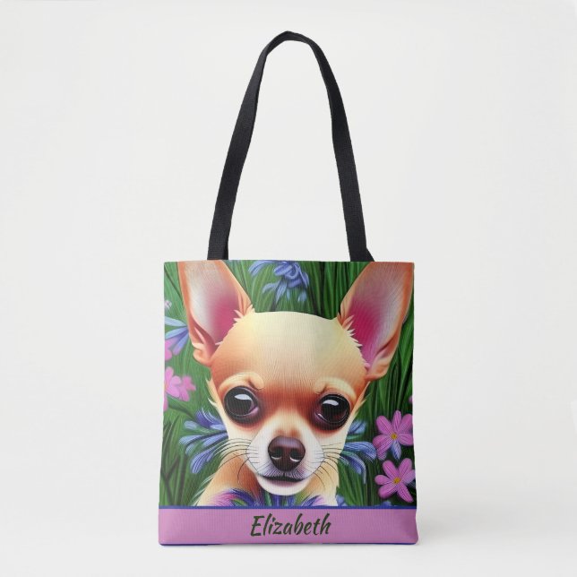 Fawn Chihuahua Puppy in Flower Meadow Personlig Tygkasse (Framsida)
