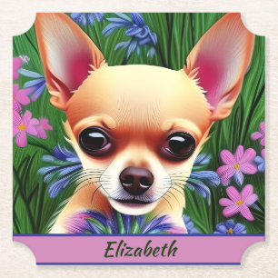Fawn Chihuahua Puppy in Flower Meadow Personlig Underlägg Papper