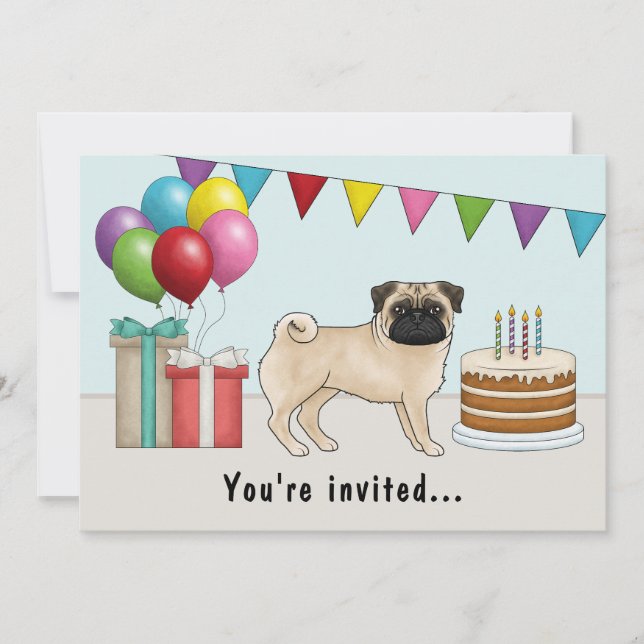 Fawn Färg Pug Cute Tecknad hund Colorful Birthday Inbjudningar (Framsida)