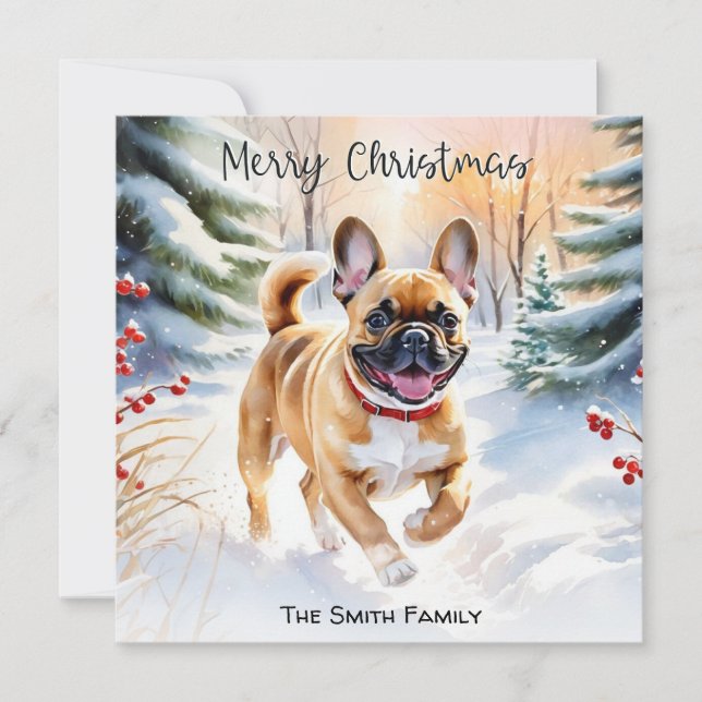 Fawn Fransk Bulldog i Snö God jul Julkort (Framsida)