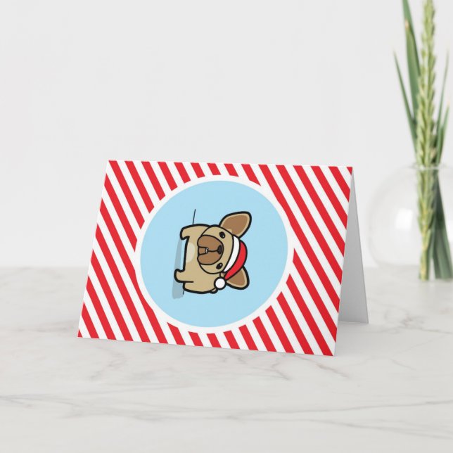 Fawn Frenchie på Candy cane Rand Helgkort (Framsida)