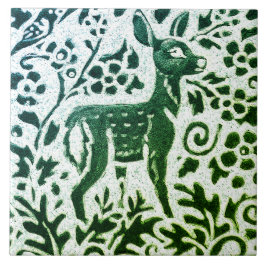 Fawn Hjort Batik Modern Grönt Blue Blommigt Woodla Kakelplatta