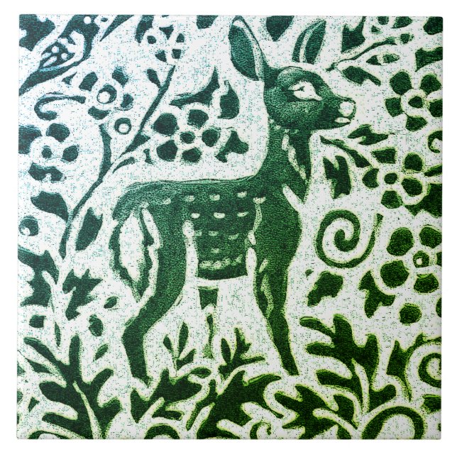 Fawn Hjort Batik Modern Grönt Blue Blommigt Woodla Kakelplatta (Framsidan)