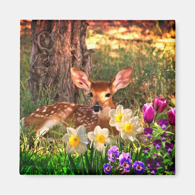 Fawn Hjort with Vår blommor Daffodils / Tulips Magnet (Framsidan)