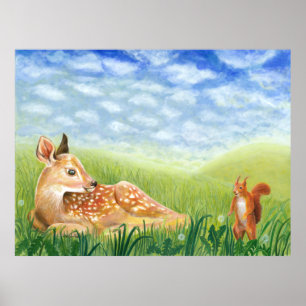 Fawn in the Grass Illustration Poster