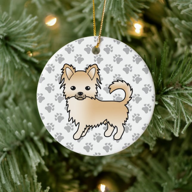 Fawn Long Coat Chihuahua Tecknad Hund & Tass Julgransprydnad Keramik (Träd)