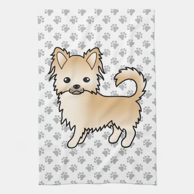 Fawn Long Coat Chihuahua Tecknad Hund & Tass Kökshandduk (Vertikal)