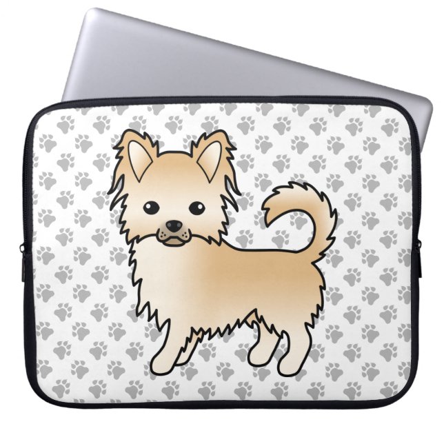 Fawn Long Coat Chihuahua Tecknad Hund & Tass Laptop Fodral (Framsidan)