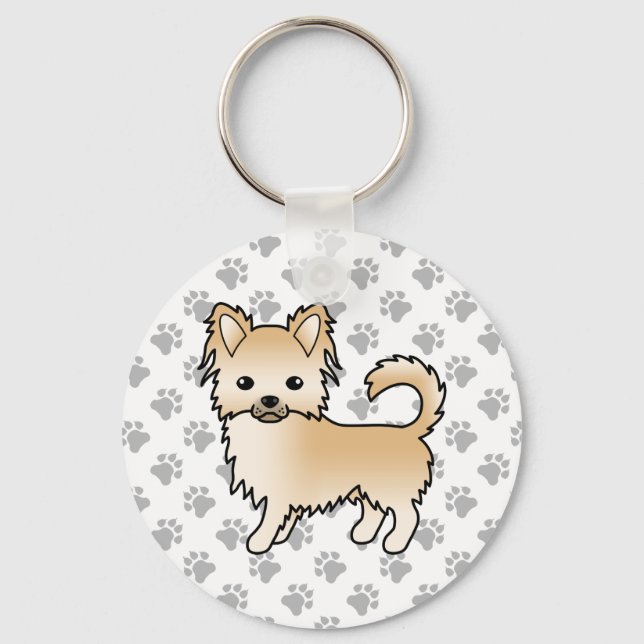 Fawn Long Coat Chihuahua Tecknad Hund & Tass Nyckelring (Framsida)