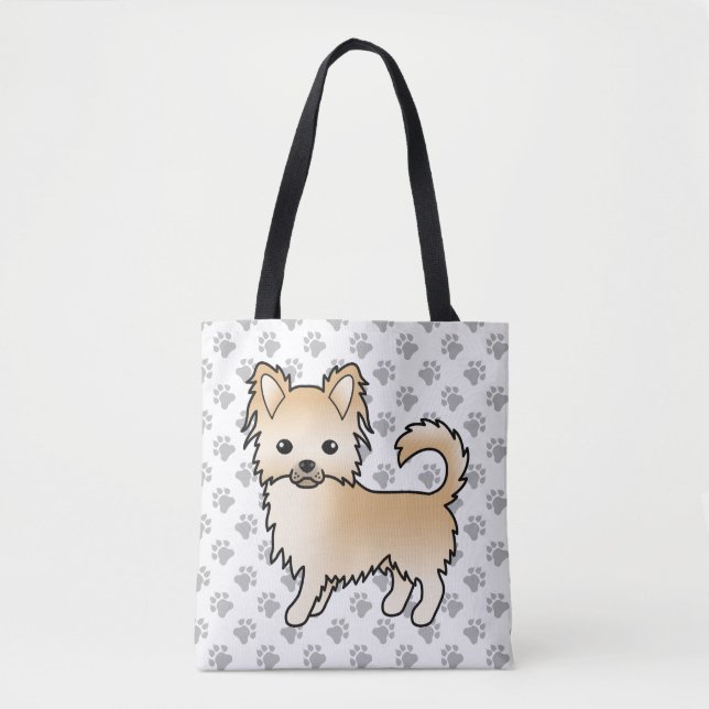 Fawn Long Coat Chihuahua Tecknad Hund & Tass Tygkasse (Framsida)
