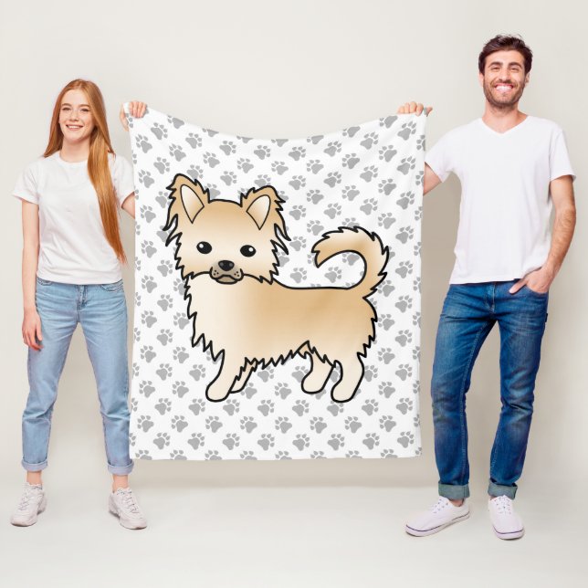 Fawn Long Coat Chihuahua Tecknad Hund & Tassar Fleecefilt (På plats)