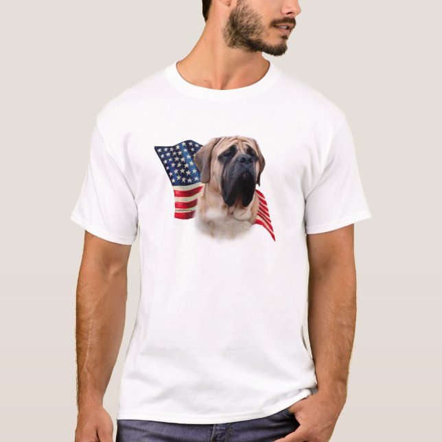 Fawn Mastiff American Flagga; Patriotic Mastiff T-shirt (Framsida)