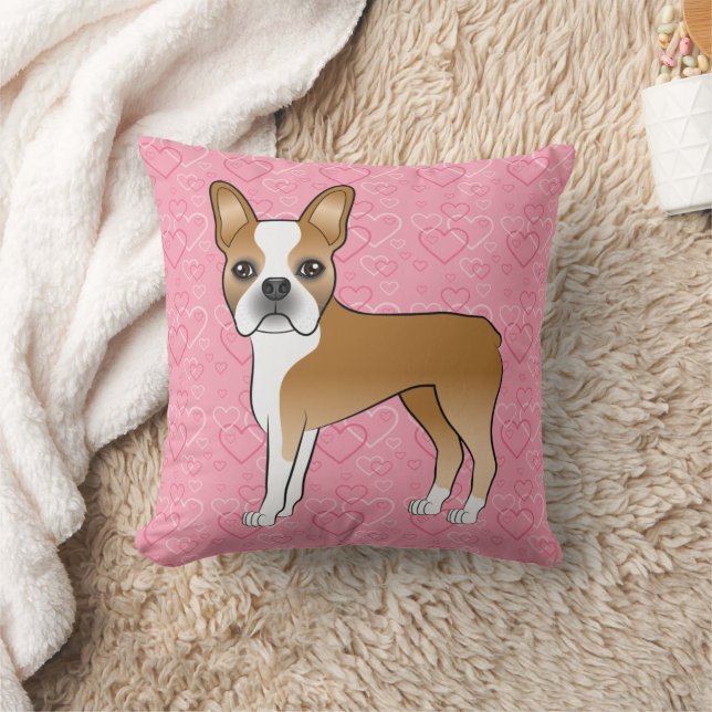 Fawn och vit Boston Terrier hund på rosa hjärtan Kudde (Filt)