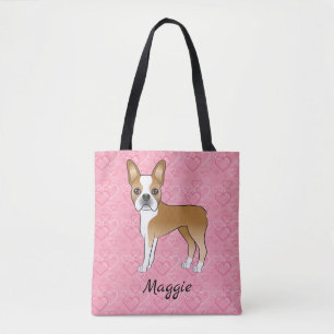 Fawn och vit Boston Terrier hund på rosa hjärtan Tygkasse