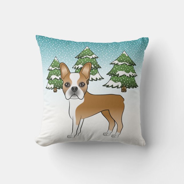 Fawn och vit Boston Terrier i en vinterskog Kudde (Framsida)
