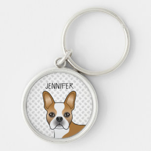 Fawn och vit Boston Terrier-serietecknad hund & na Rund Silverfärgad Nyckelring