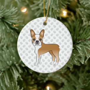 Fawn och vit Boston Terrier-serieteckning hund & t Julgransprydnad Keramik