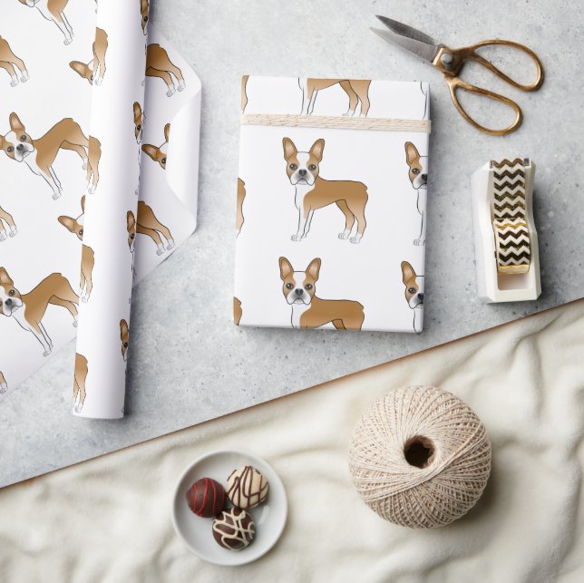 Fawn Och Vit Boston Terrier Tecknad Hund Mönster Presentpapper (Hantverk)
