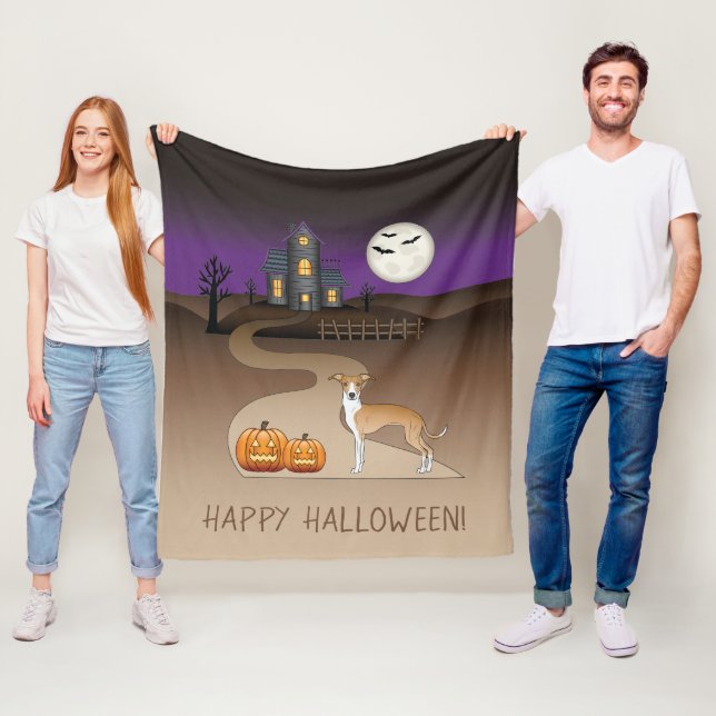 Fawn Och Vit Iggy Och Halloween Spökhus Fleecefilt (På plats)