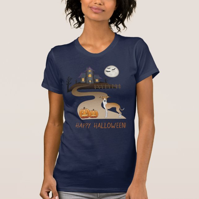 Fawn och White Iggy och Halloween hemsökt hus T Shirt (Framsida)